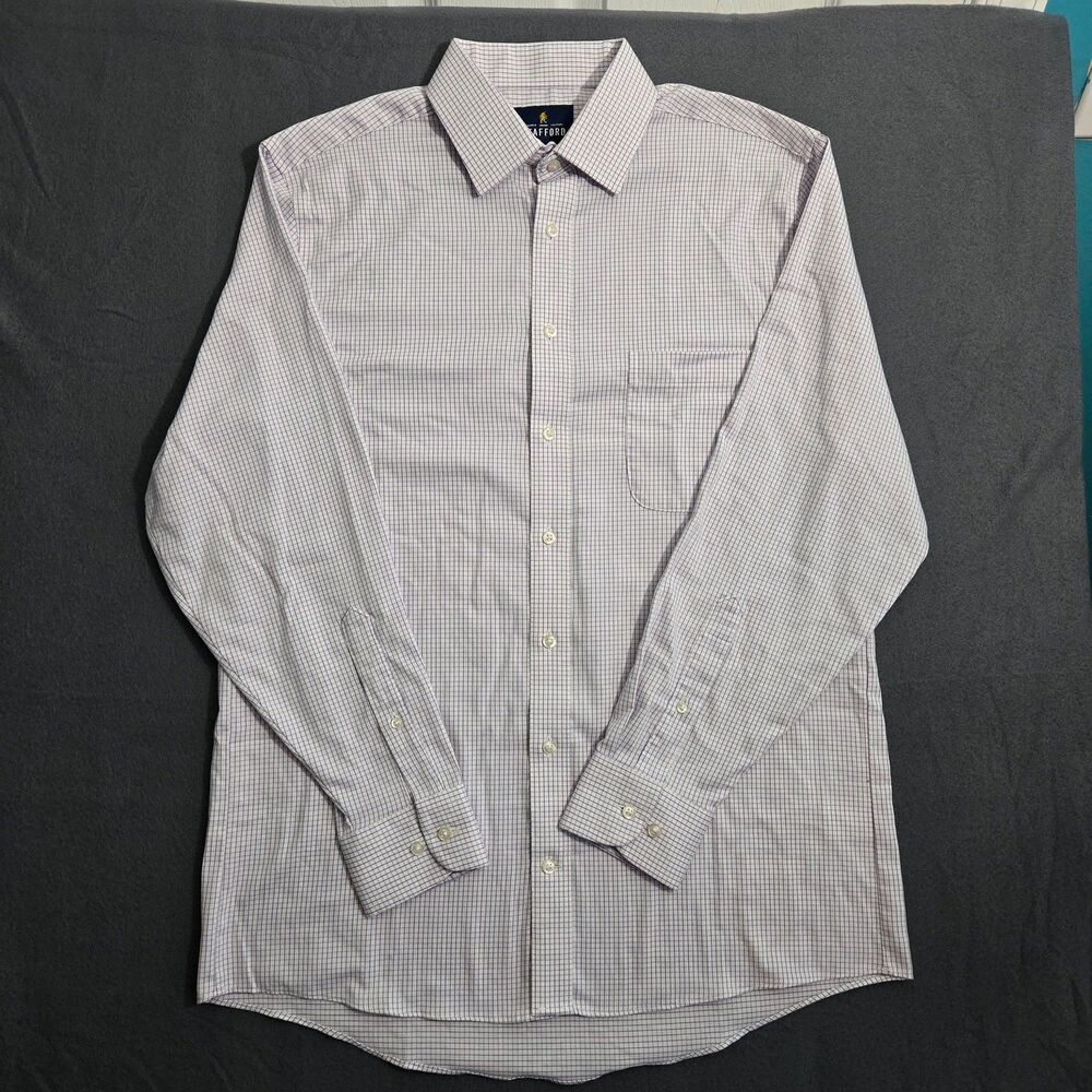 Stafford Dress Shirt Men M 32-33 15-15.5 Sweat Repel Purple Check Button Up
